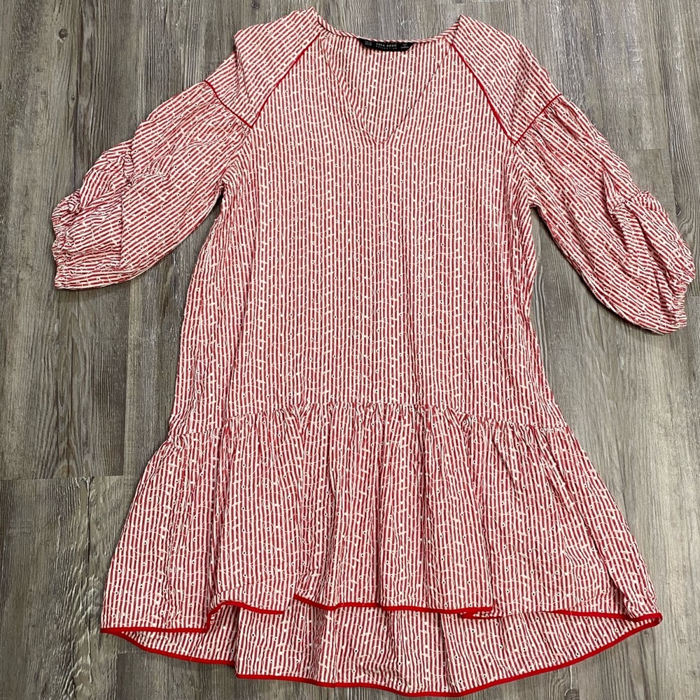 ZARA ECRU RED EMBROIDERED STRIPED DRESS